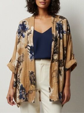 Made In Italy Linen Floral Kimono Cardigan - Tan & Navy